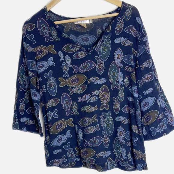 Fresh Produce blue fish cotton top S - Picture 1 of 6